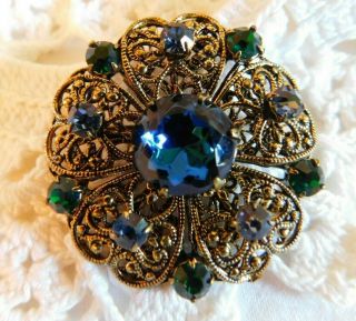 Vintage Sapphire Blue And Green Rhinestone Brooch Pin 1 1/2 " Made