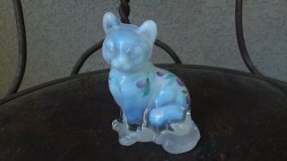 Vintage Hand Painted Opalescent Fenton Art Glass Kitty Cat W/ Violets Signed
