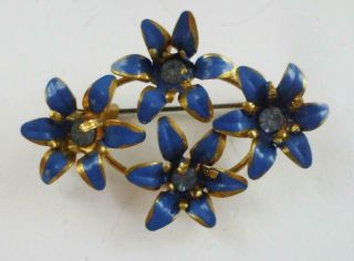 Pretty Vintage Austria Blue Rhinestone & Blue Enamel Flower Pin Brooch