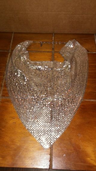 Vintage Whiting & Davis Co Silver Mesh Bib Scarf Necklace Signed 1970s