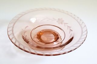 Vintage Floral Etched Pink Depression Glass Footed Bowl Compote Centerpiece