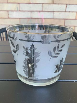Vintage Libbey Frosted Silver Autumn Leaf Glass Ice Bucket