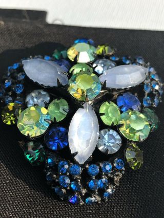 Japanned Shades Of Ab Green Blue Opalescent Rhinestone Vtg Layered Brooch Pin