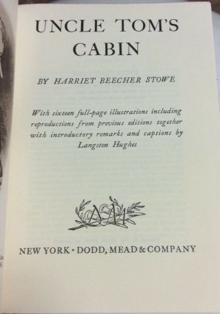 1952 Langston Hughes Illustrated Uncle Tom ' s Cabin Harriet Beecher Stowe Gift NR 3