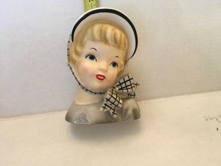 Vintage Ceramic Adorable Girl Head Vase.  Blonde Hair,  Hat,  And Pony Tail.