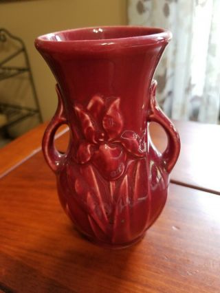 Vintage Shawnee Iris 2 Handle Small Maroon Burgundy Flower Vase Art Pottery