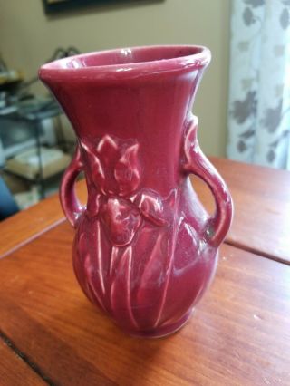 Vintage Shawnee IRIS 2 Handle Small Maroon Burgundy Flower Vase Art Pottery 2