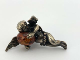 Vintage 925 Sterling Silver And Amber Stone Cherub Angel Pin Brooch