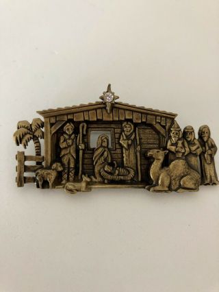 Vintage Jj Jonette Jewelry Nativity Christmas Pin / Brooch - Brass Color.
