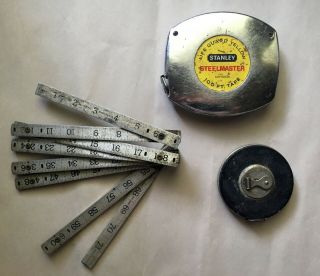 3 Vintage Metal Measuring Tapes,  Stanley 100 Ft,  Starrett 50 Ft,  & Tumigo Fold