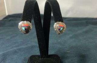 Vintage Sterling Silver Turquoise Heart Shaped Earrings Signed O.  T.  O