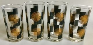 4 Mcm Black Gold Starburst Highball Cocktail Glasses Mid Century Atomic Vintage