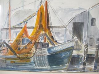Vintage Cape Cod Massachusetts Watercolor Painting N.  C.  Johnson Fishing Boat Yqz