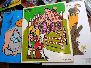 (3) Vintage Playskool Wood Puzzles Dumbo Hanzel Gretel Pooh And Tigger Disney