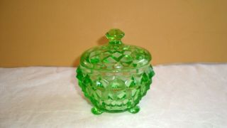 Vintage Green Depression Vaseline Sugar Bowl W/ Lid Uranium Glass Cube Pattern