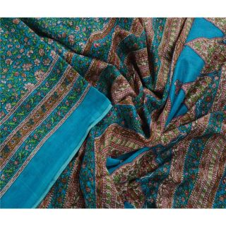 Sanskriti Vintage Blue Saree Cotton Printed Sari Craft Decor Soft 5 Yd Fabric