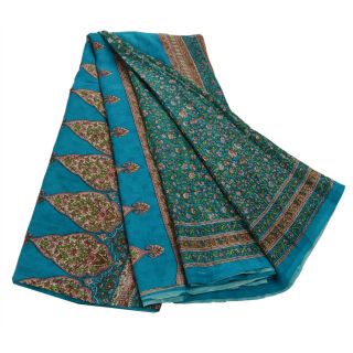 Sanskriti Vintage Blue Saree Cotton Printed Sari Craft Decor Soft 5 Yd Fabric 3