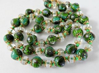 Vintage Green Millefiori Art Glass Bead Necklace