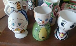 5 VINTAGE ASSORTED FIGURAL WHIMSICAL PAINTED FACES EGG CUPS ALL KINDS COLORS 2