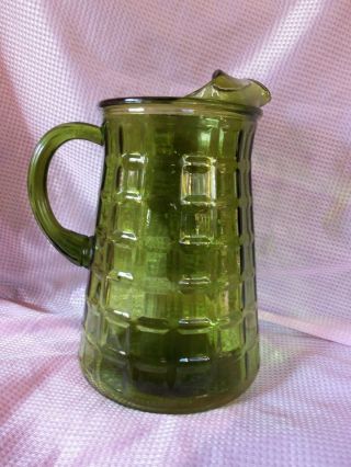 Vintage Green Geometric Block Optic Pitcher With Ice Lip 1/2 Gallon Olive Green