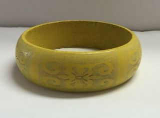 Vintage 70’s Style Painted Yellow Floral Wooden Bangle Bracelet