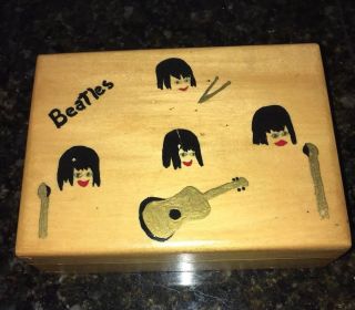 Vintage Beatles Memorabilia Pine Box Memory Jewelry Hand Painted 6”x 4 1/2”x 2”