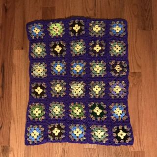 Vintage Granny Square Purple Afghan Crochet 24 " X 30 " Throw Knit Handmade (g3