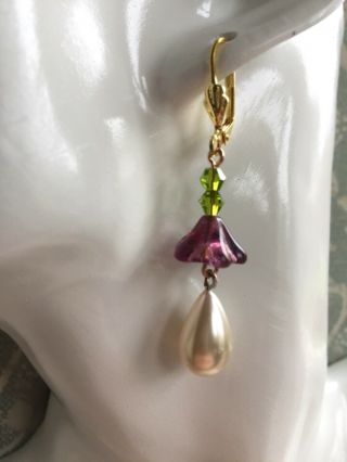 Art Deco style suffragette glass vintage pearl,  glass flower earrings 3