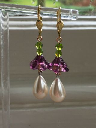 Art Deco style suffragette glass vintage pearl,  glass flower earrings 4