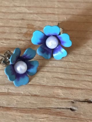 Vintage Style Miniature Enamel Forget - Me - Not Blue Flower Earrings