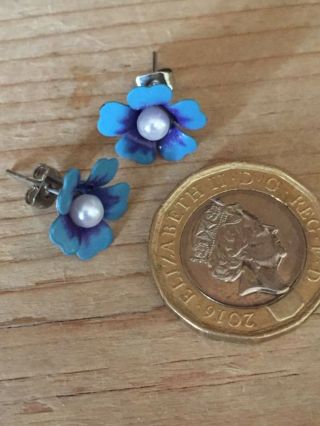 vintage style Miniature Enamel Forget - me - not blue flower earrings 2