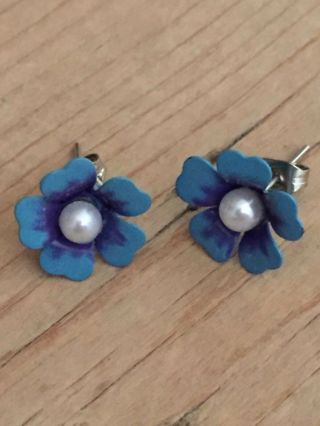vintage style Miniature Enamel Forget - me - not blue flower earrings 3