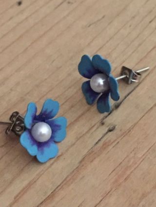vintage style Miniature Enamel Forget - me - not blue flower earrings 4