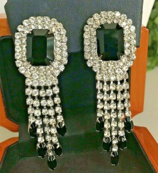 Vintage Black And Clear Rhinestone Dangle Clip On Earrings Vintage Bling