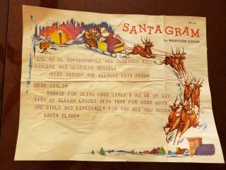 Vintage Western Union Telegram Christmas Santa Claus Flying Reindeer 1955