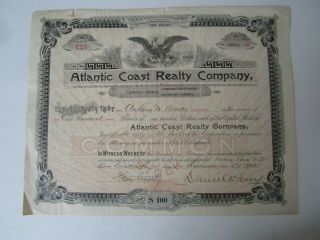Old Vintage 1902 Atlantic Coast Realty Co.  Stock Certificate - Asbury Park N.  J.