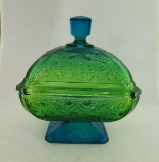 Vintage Jeanette Carnival Glass Blue Green Large Pressed Acorn Leaf Candy Dish