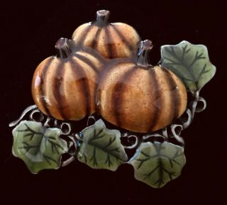 Signed Vintage Enamel Farm Harvest Fall Thanksgiving Pumpkin Brooch Broach Pin