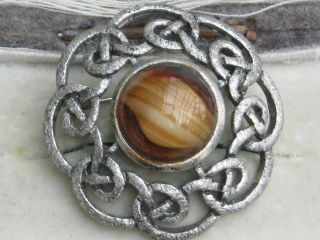 Vintage 60s Silver Tone Brown Banded Agate Tigers Eye Glass Celtic Sheild Brooch