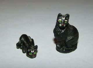 2 Vintage Miniatures Cast Metal Pewter Hand - Painted Black Cats Figures