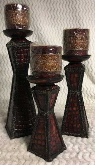 Vintage 6 Piece Set Candle Holder Stands With 3 " Candles Safari 7.  5 9 " 12 "