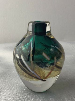 Vintage Glass Art Glass Signed Perfume Bottle Green And Gold Vase