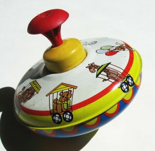 Ohio Art Tin Litho Top Vintage 1960s Circus Spinning Toy Small Yellow/red Stripe