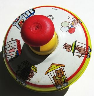 Ohio Art Tin Litho Top Vintage 1960s Circus Spinning Toy Small Yellow/Red Stripe 2