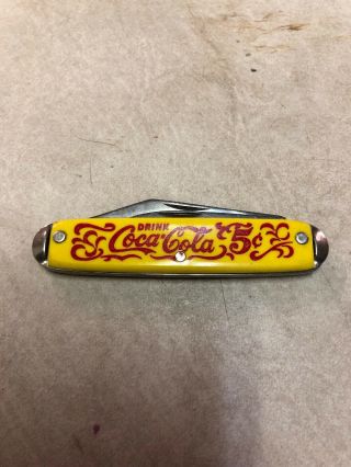 Vintage Yellow Coca Cola 5 Cent Pocket Knife 2 Blade
