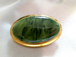 Vintage Gold Painted Polished Marbled Green Ceramic Brooch