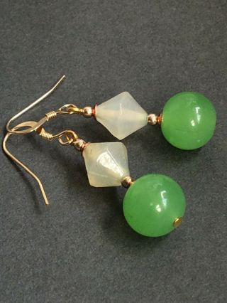 Art Deco / Opalescent and green vintage glass Gold filled earrings 2