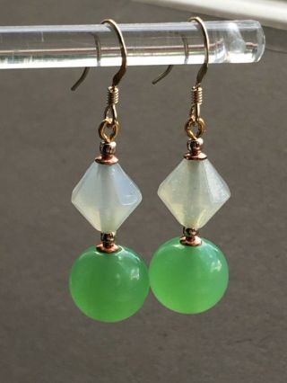 Art Deco / Opalescent and green vintage glass Gold filled earrings 3