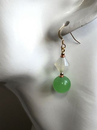 Art Deco / Opalescent and green vintage glass Gold filled earrings 4