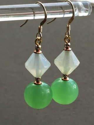 Art Deco / Opalescent and green vintage glass Gold filled earrings 5